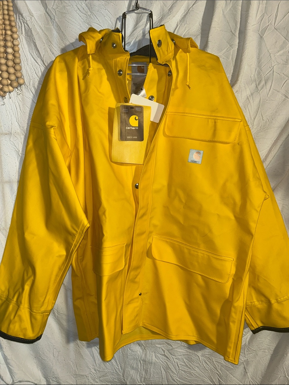Carhartt Bright Yellow Hooded Waterproof Work Raincoat size medium. NWT - Picture 5 of 10